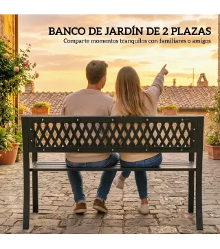 Banco de Jardín Exterior de 2 Plazas con Asiento Listonado Reposabrazos y Marco de Acero 119x50x75 cm Negro