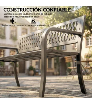 Banco de Jardín Exterior de 2 Plazas con Asiento Listonado Reposabrazos y Marco de Acero 119x50x75 cm Negro