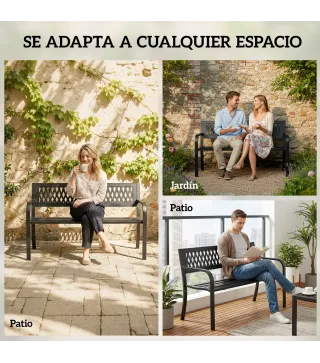 Banco de Jardín Exterior de 2 Plazas con Asiento Listonado Reposabrazos y Marco de Acero 119x50x75 cm Negro