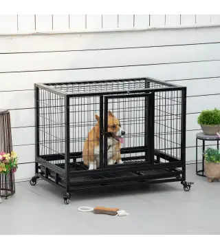 Jaula de Metal para Perros con Ruedas y Frenos Bandeja Extraíble y Puerta con Pestillo para Golden Retriver Labrador 92x62x75 cm