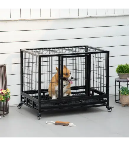 Jaula de Metal para Perros con Ruedas y Frenos Bandeja Extraíble y Puerta con Pestillo para Golden Retriver Labrador 92x62x75 cm