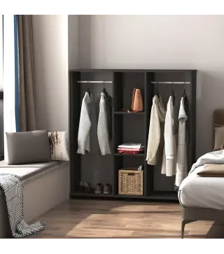 Armario Abierto con Ruedas 2 Barras y Estantes para tener Ropa Colgada y Doblada en el Dormitorio 120x40x128 cm Negro