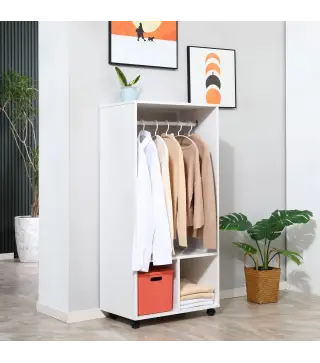 Armario Abierto con Ruedas Barra y Estantes para tener Ropa Colgada y Doblada 60x40x128 cm Blanco