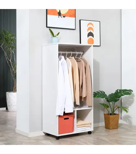 Armario Abierto con Ruedas Barra y Estantes para tener Ropa Colgada y Doblada 60x40x128 cm Blanco
