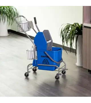 Cubo de Fregona 26 L Cubo Fregado Comercial con Escurridor de Presión Hacia Abajo Ruedas y Cestas de Almacenamiento 73x45x95 cm