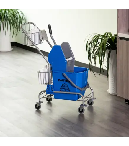 Cubo de Fregona 26 L Cubo Fregado Comercial con Escurridor de Presión Hacia Abajo Ruedas y Cestas de Almacenamiento 73x45x95 cm