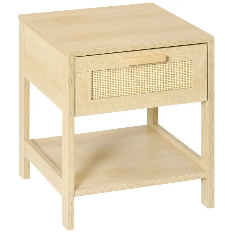 Mesita de Noche Mesilla de Noche con Cajón de Ratán y Estante Inferior Carga 40 kg para Dormitorio Sala 40x40x48 cm Natural