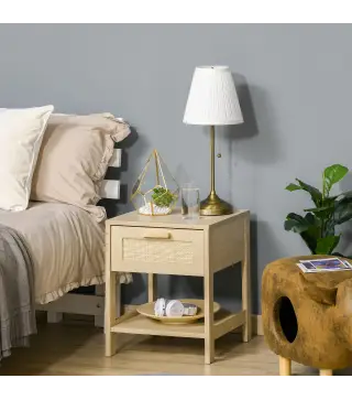 Mesita de Noche Mesilla de Noche con Cajón de Ratán y Estante Inferior Carga 40 kg para Dormitorio Sala 40x40x48 cm Natural