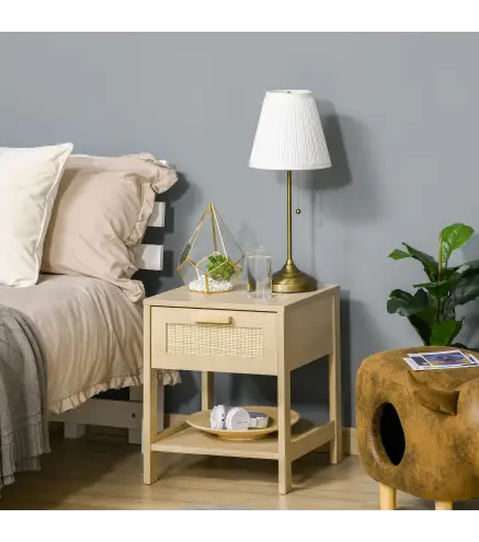 Mesita de Noche Mesilla de Noche con Cajón de Ratán y Estante Inferior Carga 40 kg para Dormitorio Sala 40x40x48 cm Natu