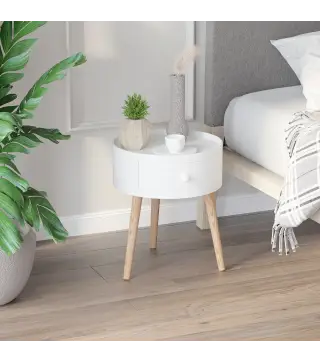 Mesita de Noche con 1 Cajón Mesa Auxiliar Redonda con Borde Elevado y 3 Patas de Madera para Dormitorio Sala de Estar Es