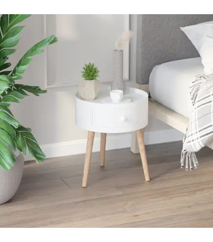 Mesita de Noche con 1 Cajón Mesa Auxiliar Redonda con Borde Elevado y 3 Patas de Madera para Dormitorio Sala de Estar Es