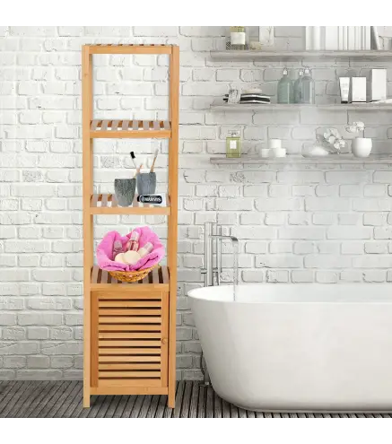 Estantería de Baño de Bambú Estantería de Almacenaje para Baño con 1 Puerta y 4 Estantes para Cocina Salón Dormitorio 33x36,5x14