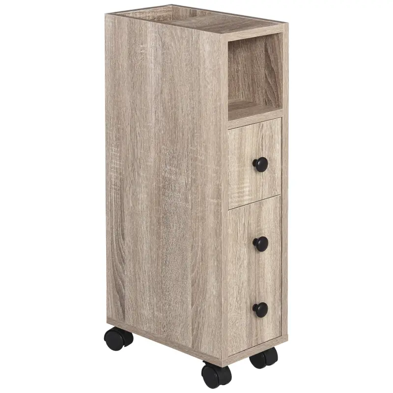 Armario de Baño con Ruedas Mueble Auxiliar para Baño con Estante Abierto Puerta y Cajón 18x30x68,5 cm Roble