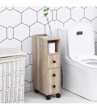 Armario de Baño con Ruedas Mueble Auxiliar para Baño con Estante Abierto Puerta y Cajón 18x30x68,5 cm Roble