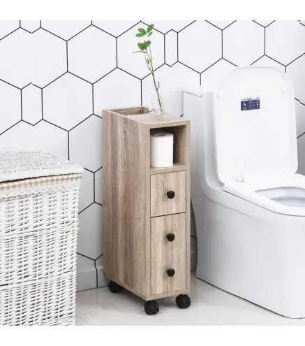 Armario de Baño con Ruedas Mueble Auxiliar para Baño con Estante Abierto Puerta y Cajón 18x30x68,5 cm Roble