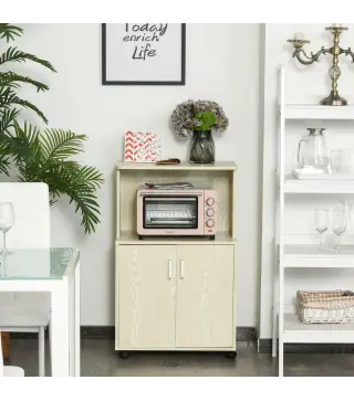 Aparador Auxiliar para Microondas Armario Bajo de Cocina con Armario de 2 Puertas y Estante Ajustable con Ruedas Carga 7