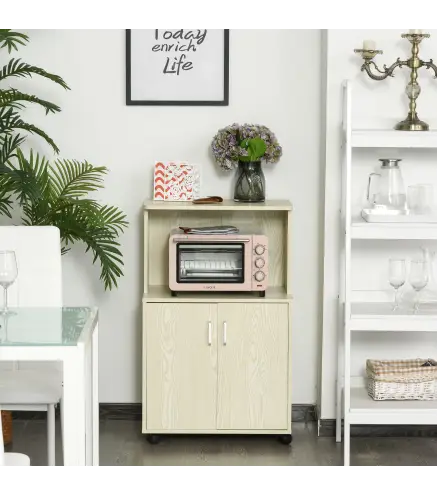 Aparador Auxiliar para Microondas Armario Bajo de Cocina con Armario de 2 Puertas y Estante Ajustable con Ruedas Carga 7