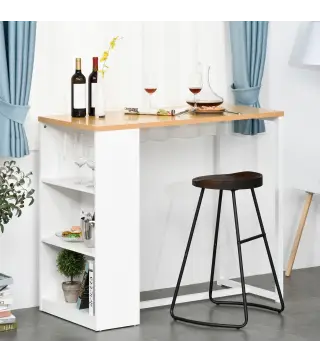 Mesa de Bar con 3 Estantes Estructura de Metal Antivuelco Carga 100 kg 115x55x100 cm Blanco y Roble