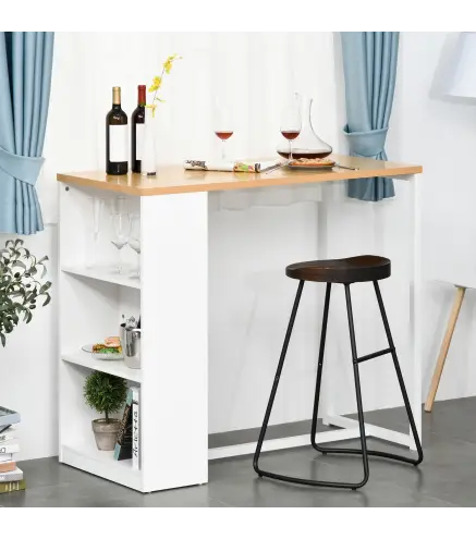 Mesa de Bar con 3 Estantes Estructura de Metal Antivuelco Carga 100 kg 115x55x100 cm Blanco y Roble