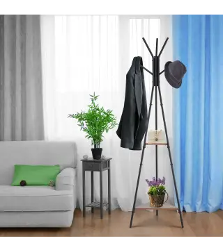 Perchero de Pie Metálico Perchero en Forma de Árbol Dormitorio Oficina para Colgar Ropa Bolsas Sombrero 6 Ganchos con 2 Estantes