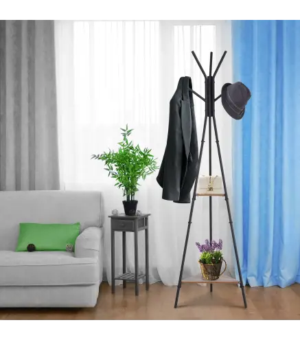 Perchero de Pie Metálico Perchero en Forma de Árbol Dormitorio Oficina para Colgar Ropa Bolsas Sombrero 6 Ganchos con 2 Estantes