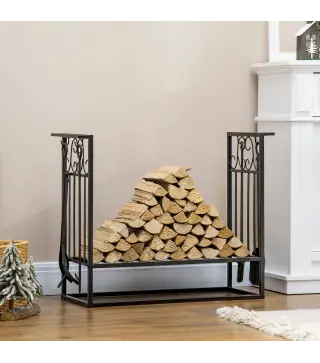 Estante para Leña de Chimenea 75x30x60 cm Soporte para Leña Tradicional Portaleña de Diseño Vintage con 4 Herramientas B