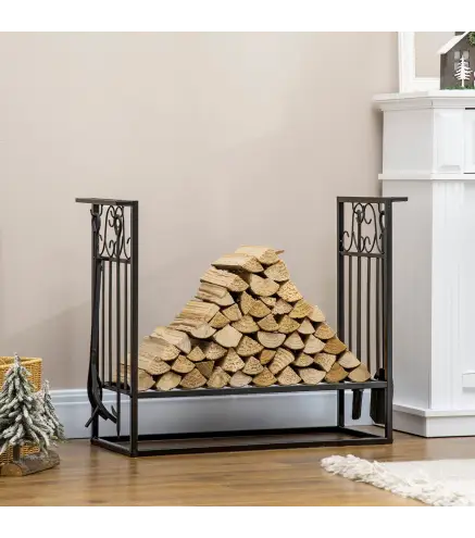 Estante para Leña de Chimenea 75x30x60 cm Soporte para Leña Tradicional Portaleña de Diseño Vintage con 4 Herramientas B