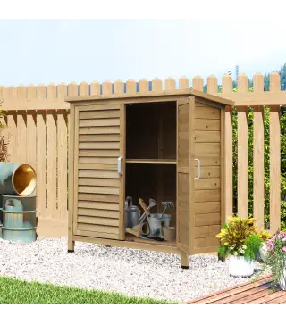 Armario para Terraza de Madera con 2 Estantes Interiores 2 puertas de Buena Ventilación y Techo Inclinado para Exterior 87x46,5x