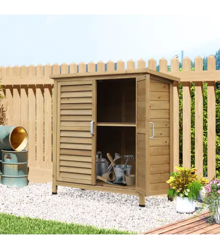 Armario para Terraza de Madera con 2 Estantes Interiores 2 puertas de Buena Ventilación y Techo Inclinado para Exterior 87x46,5x