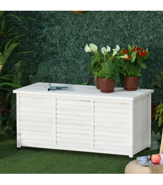 Baúl de Almacenaje Exterior 284L Arcón de Jardín de Madera Impermeable con Tapa Abrible y Diseño Persiana 127x56x60 cm Blanco