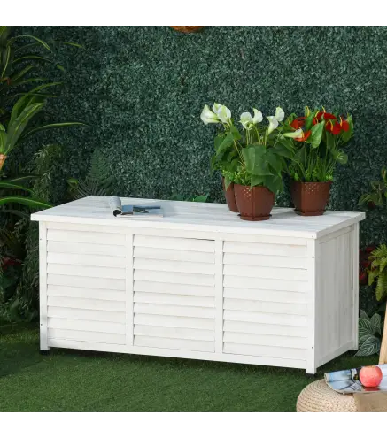 Baúl de Almacenaje Exterior 284L Arcón de Jardín de Madera Impermeable con Tapa Abrible y Diseño Persiana 127x56x60 cm Blanco
