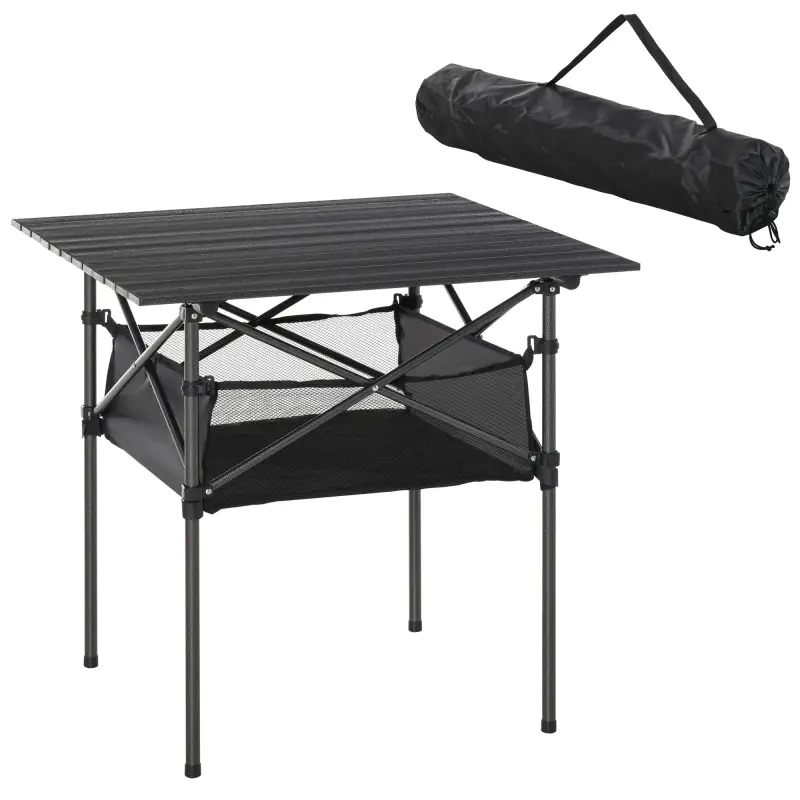 Mesa de Camping Plegable con Almacenaje de Malla y Bolsa de Transporte para Exterior Jardín y Picnic 70x70x69 cm Negro