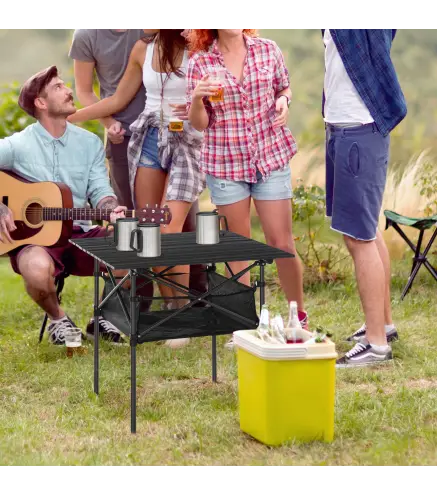 Mesa de Camping Plegable con Almacenaje de Malla y Bolsa de Transporte para Exterior Jardín y Picnic 70x70x69 cm Negro