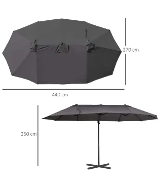 Sombrilla Doble de 270x445x260 cm Parasol Grande Inclinable con Manivela para Abrir y Cerrar Fácil Color Gris