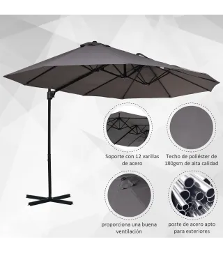 Sombrilla Doble de 270x445x260 cm Parasol Grande Inclinable con Manivela para Abrir y Cerrar Fácil Color Gris