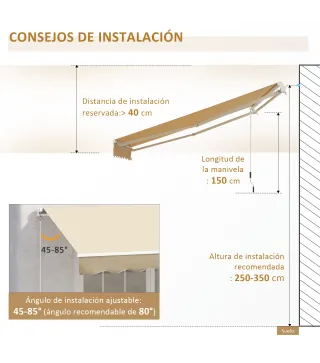 Toldo de Pared con Brazo Articulado y Manivela Marco Resistente de Aluminio y Cubierta de Poliéster 295x245 cm Beige