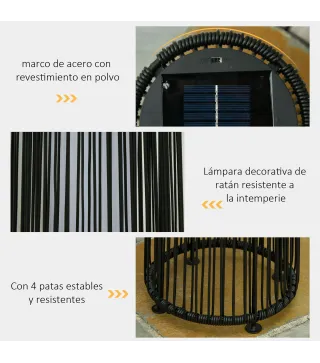 Lámpara de Pie de Mimbre Ratán de Energía Solar con LED 0,8 W Interruptor de Control de Luz Automático Decoración para Exterior