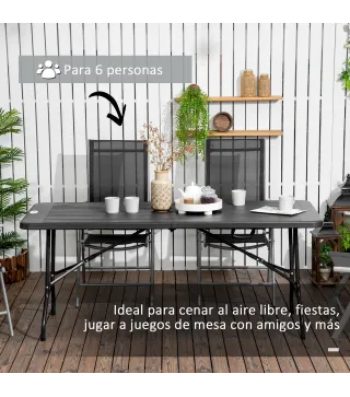 Mesa Plegable de Jardín Rectangular Portátil para 6 Personas de Acero y HDPE 180x75,5x73 cm Gris Oscuro