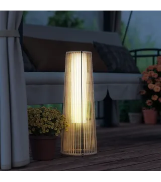 Farola Solar Exterior de Ratán Sintético con Luces LED Encendido y Apagado Automático Impermeable Ø21,5x61 cm Natural