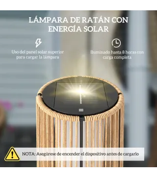 Farola Solar Exterior de Ratán Sintético con Luces LED Encendido y Apagado Automático Impermeable Ø21,5x61 cm Natural