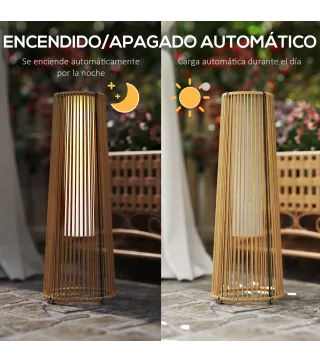 Farola Solar Exterior de Ratán Sintético con Luces LED Encendido y Apagado Automático Impermeable Ø21,5x61 cm Natural
