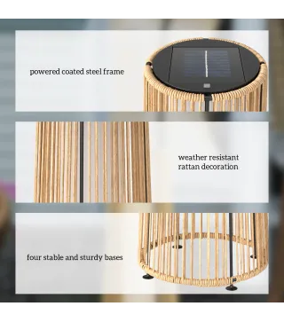 Farola Solar Exterior de Ratán Sintético con Luces LED Encendido y Apagado Automático Impermeable Ø21,5x61 cm Natural
