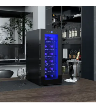 Vinoteca 12 Botellas con Doble Refrigeración Termoeléctrica Temperatura Ajustable 8-18℃ Puerta de Vidrio Negro
