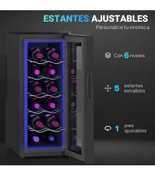 Vinoteca 12 Botellas con Doble Refrigeración Termoeléctrica Temperatura Ajustable 8-18℃ Puerta de Vidrio Negro