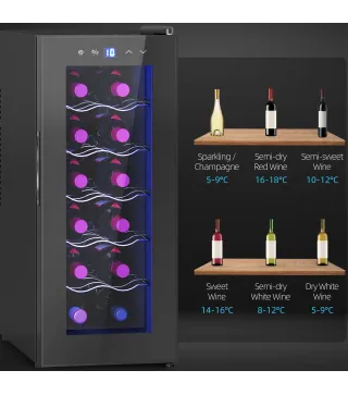 Vinoteca 12 Botellas con Doble Refrigeración Termoeléctrica Temperatura Ajustable 8-18℃ Puerta de Vidrio Negro
