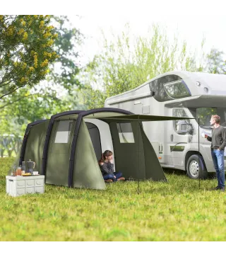 Tienda de Campaña Inflable Tipo Túnel para 3-6 Personas con Vestíbulo Ventanas de Malla y Bolsa Impermeable Verde Oliva