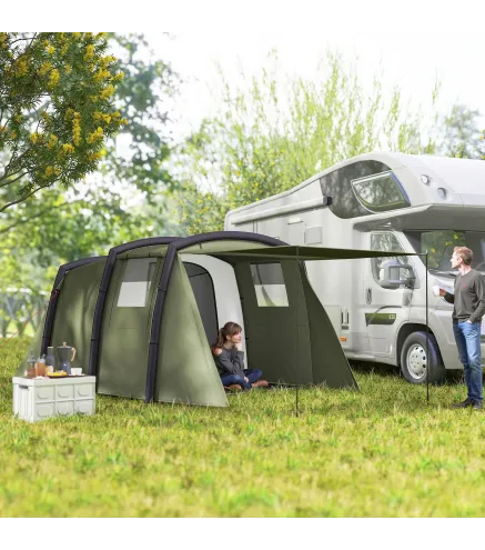 Tienda de Campaña Inflable Tipo Túnel para 3-6 Personas con Vestíbulo Ventanas de Malla y Bolsa Impermeable Verde Oliva