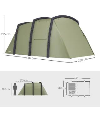 Tienda de Campaña Inflable Tipo Túnel para 3-6 Personas con Vestíbulo Ventanas de Malla y Bolsa Impermeable Verde Oliva