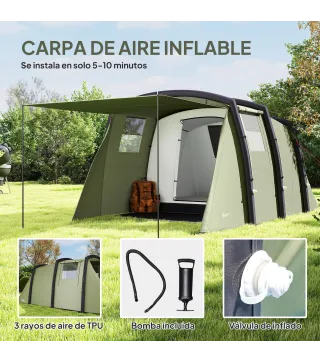 Tienda de Campaña Inflable Tipo Túnel para 3-6 Personas con Vestíbulo Ventanas de Malla y Bolsa Impermeable Verde Oliva