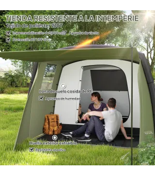 Tienda de Campaña Inflable Tipo Túnel para 3-6 Personas con Vestíbulo Ventanas de Malla y Bolsa Impermeable Verde Oliva